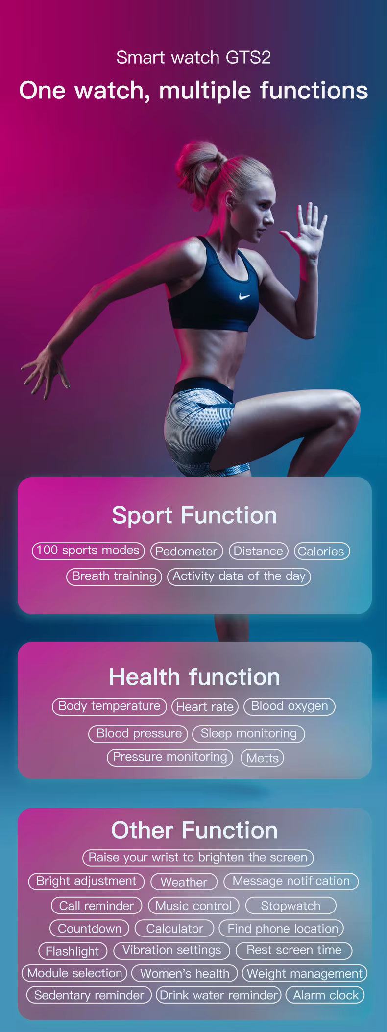 Qnixwatch Smartwatch advertisement with a woman exercising on a gradient background
