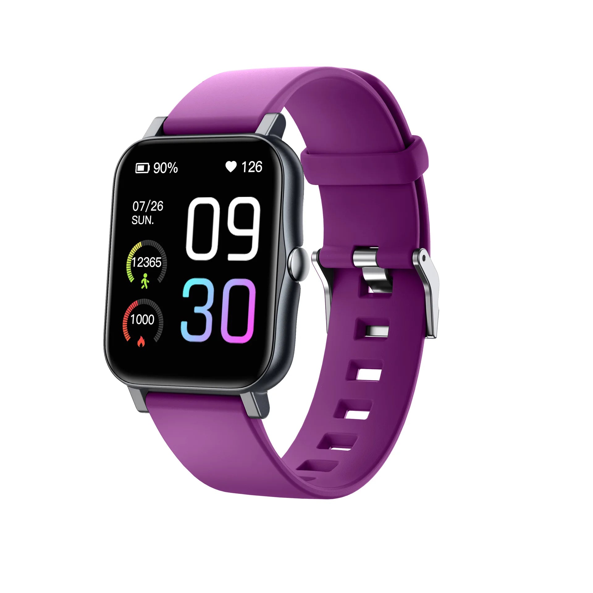 Qnixwatch watch with a purple band on a white background