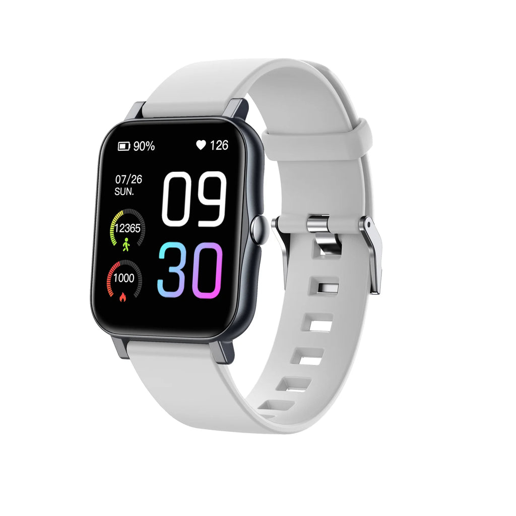 Qnixwatch Smartwatch with a white band on a white background
