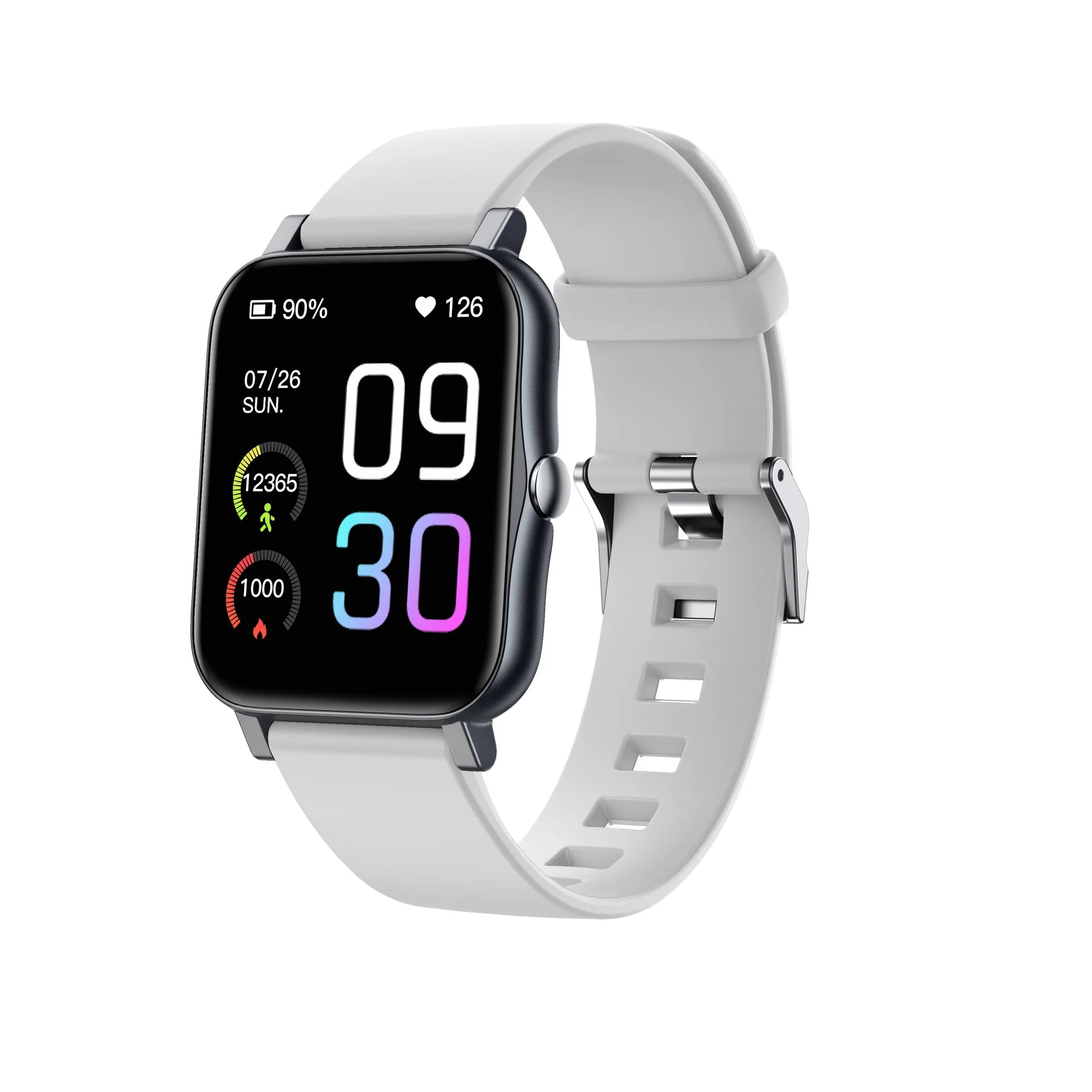 Qnixwatch Smartwatch with a white band on a white background