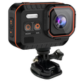 Black and orange ReefiSnap Action Camera with a mount on a white background