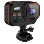 Black and orange ReefiSnap Action Camera with a mount on a white background