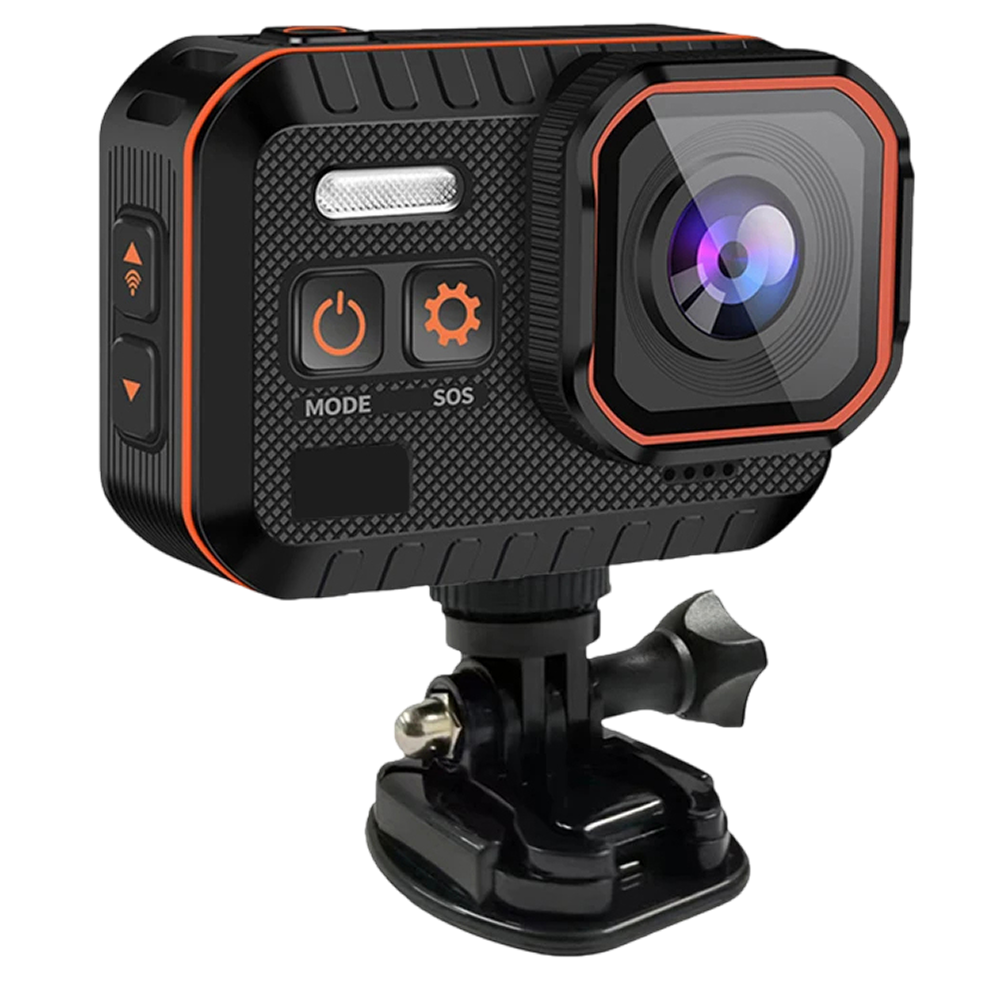Black and orange ReefiSnap Action Camera with a mount on a white background