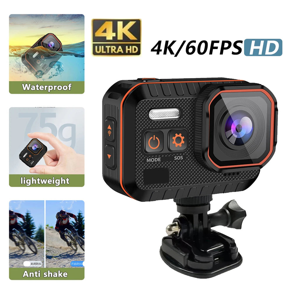 ReefiSnap Action Camera with features like 4K Ultra HD, waterproof, lightweight, and anti-shake displayed on a white background.