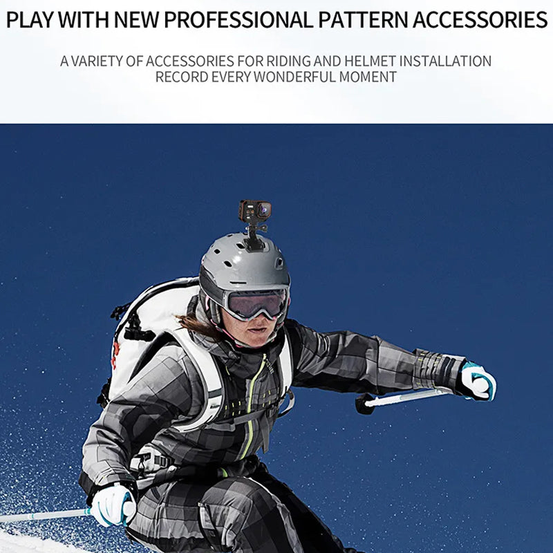 Person skiing with a helmet-mounted ReefiSnap Action Camera against a blue sky
