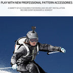 Person skiing with a helmet-mounted ReefiSnap Action Camera against a blue sky