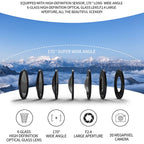 ReefiSnap Action Camera lens with specifications displayed against a mountainous landscape background