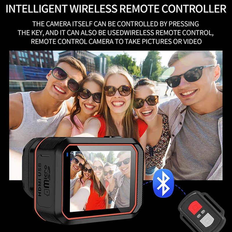 Intelligent wireless remote controller with a camera display, shown with a group of people outdoors.