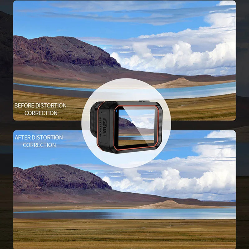 Distortion correction comparison of a scenic landscape with a ReefiSnap Action Camera overlay.