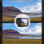 Distortion correction comparison of a scenic landscape with a ReefiSnap Action Camera overlay.