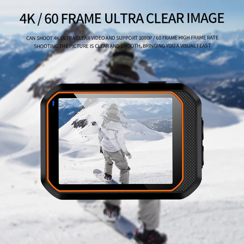 ReefiSnap Action Camera displaying a snowy mountain scene with text about 4K/60 frame ultra clear image quality.