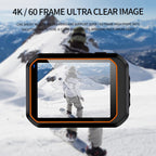 ReefiSnap Action Camera displaying a snowy mountain scene with text about 4K/60 frame ultra clear image quality.