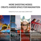 Promotional image with text about ReefiSnap Action Camera shooting modes and examples of use.