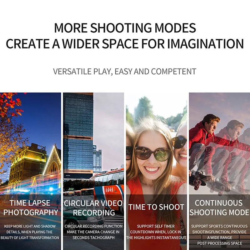 Promotional image with text about ReefiSnap Action Camera shooting modes and examples of use.