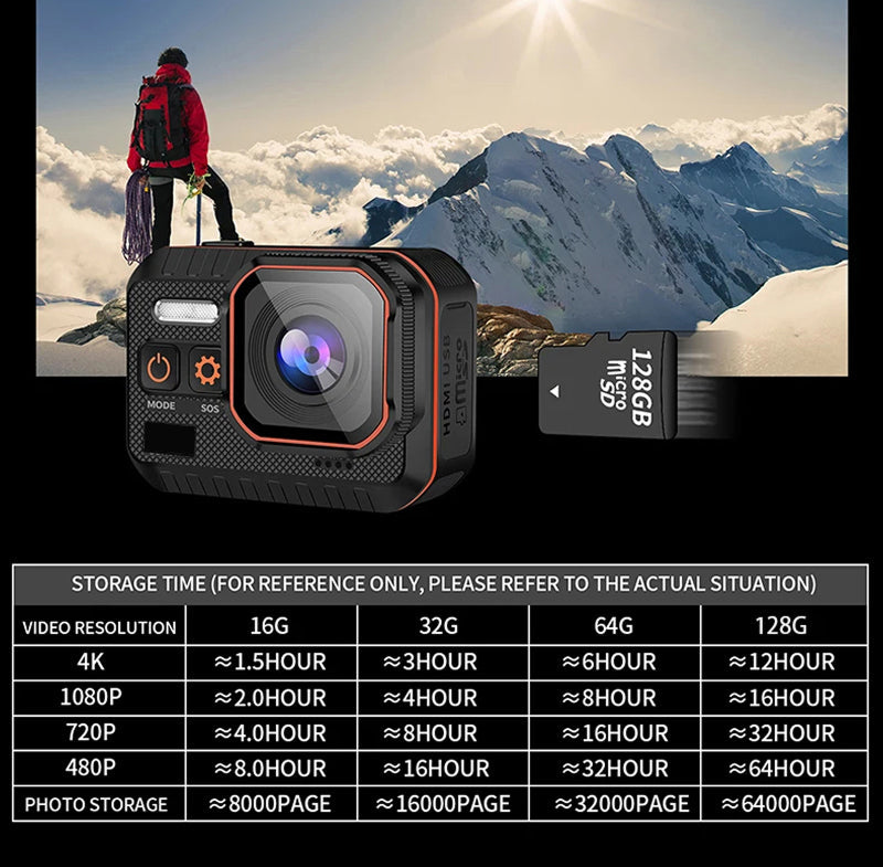 ReefiSnap Action Camera with storage time chart on a mountainous background