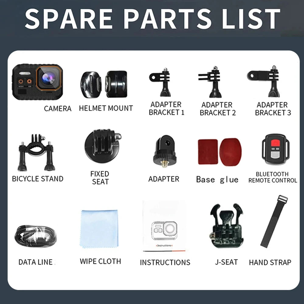 List of spare parts for a device including ReefiSnap Action Camera, helmet mount, adapters, and more on a white background.