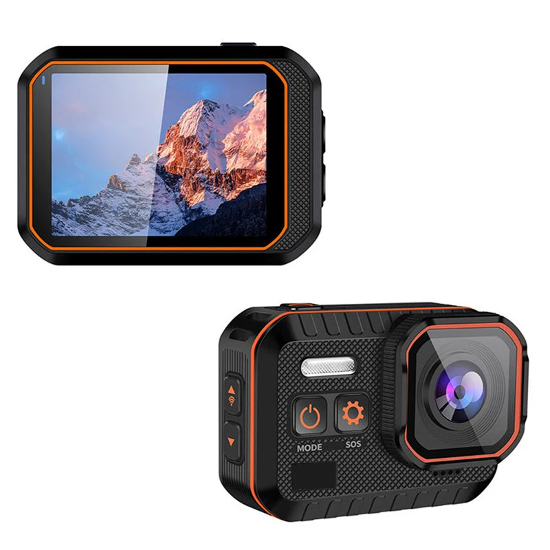 ReefiSnap Action Camera with screen displaying mountain scenery on a white background