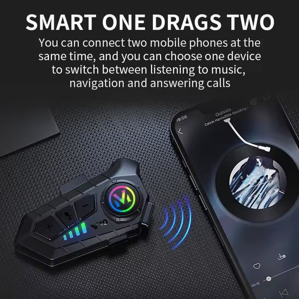 Bluetooth RiderZest Motorcycle Headset and smartphone on a dark textured surface with text explaining dual-device connectivity.