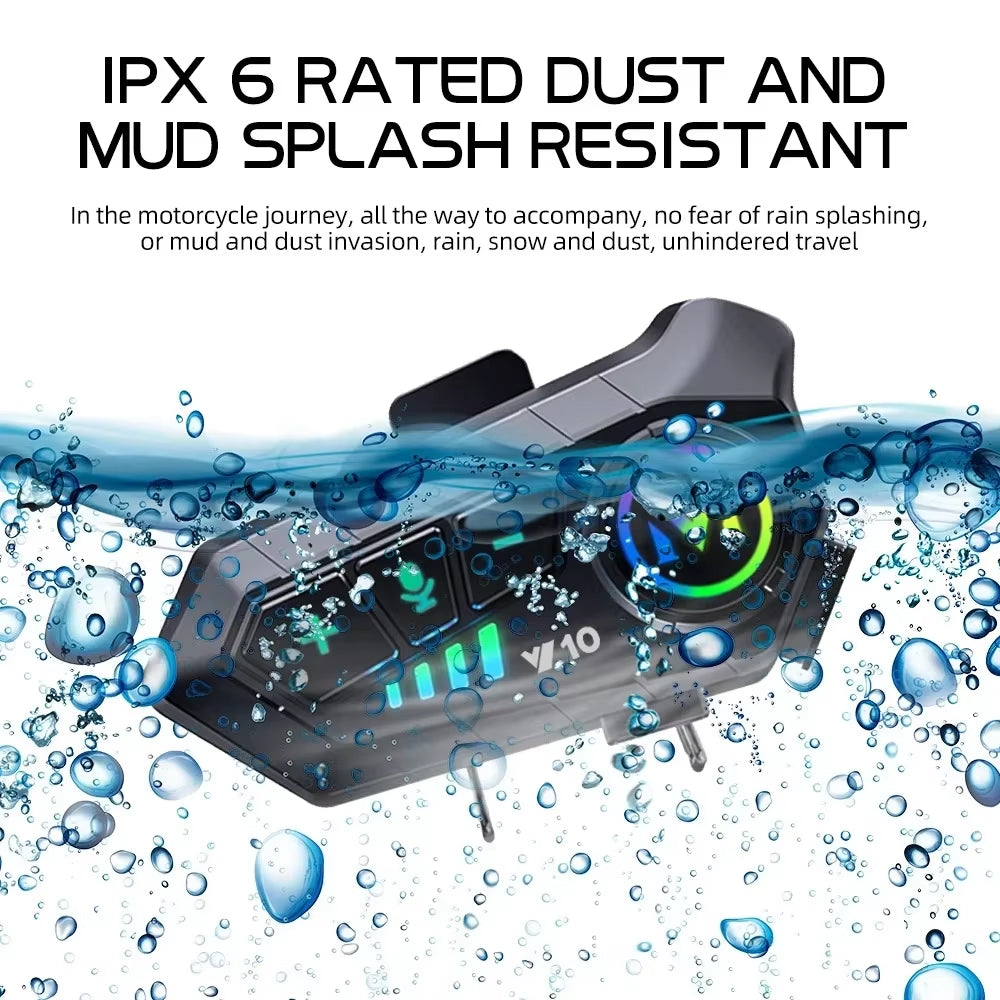 RiderZest Headset with water splashes and text about IPX 6 rating
