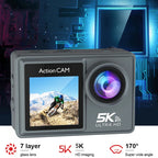 RoamCami Action Camera with 5K Ultra HD display and features on a digital background