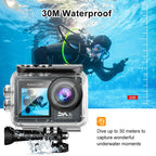 RoamCami Action Camera with 30M waterproof feature displayed underwater with a diver.