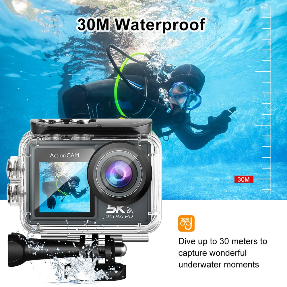 RoamCami Action Camera with 30M waterproof feature displayed underwater with a diver.