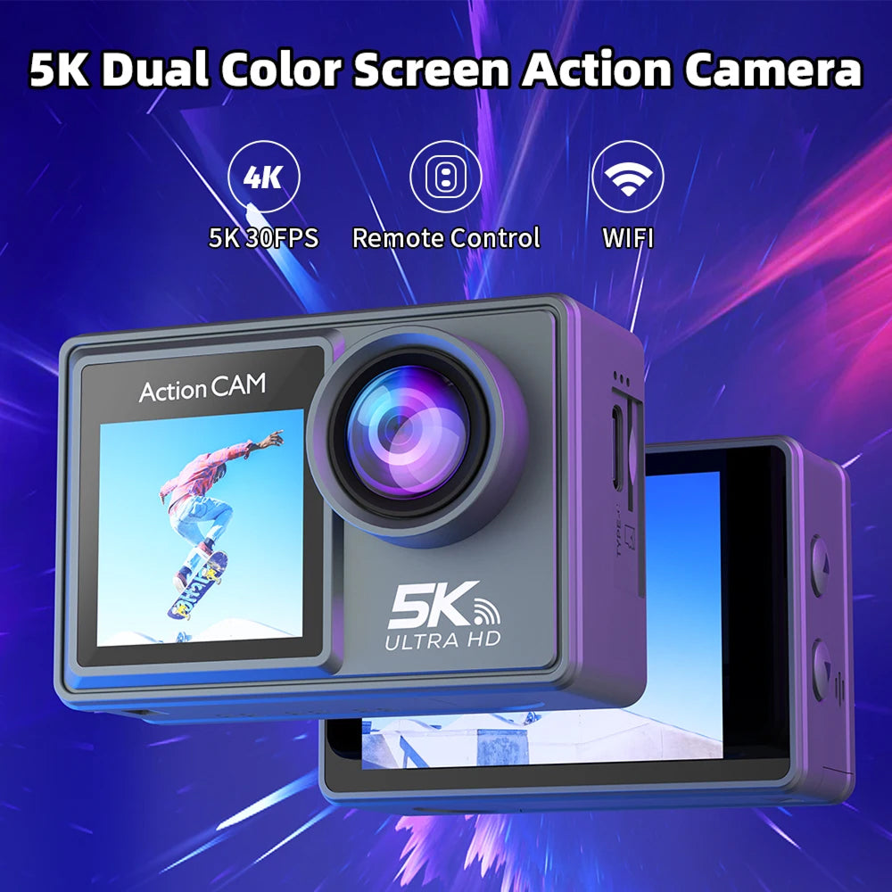 RoamCami Action Camera with dual color screen on a vibrant blue and purple background