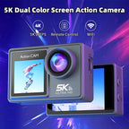 RoamCami Action Camera with dual color screen on a vibrant blue and purple background