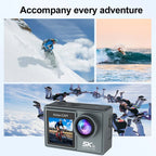 RoamCami Action Camera with images of snowboarding, surfing, and skydiving to emphasize adventure.