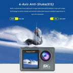 RoamCami Action Camera with 4-axis anti-shake technology displayed against a snowy background.