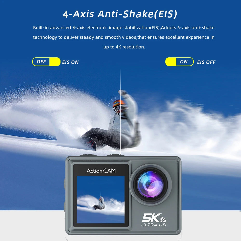 RoamCami Action Camera with 4-axis anti-shake technology displayed against a snowy background.