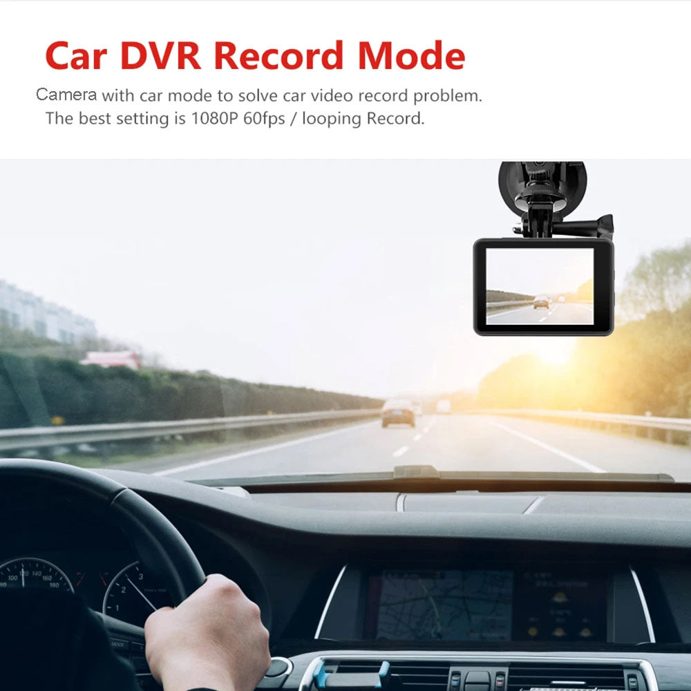 Car RoamCami Action Camera mounted on a car dashboard with a view of the road ahead.