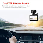 Car RoamCami Action Camera mounted on a car dashboard with a view of the road ahead.