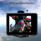 RoamCami Action Camera screen displaying a skydiving scene with text about 5K/30 frame cinema resolution.