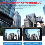 Advertisement for lens distortion correction with cityscape view on screens.