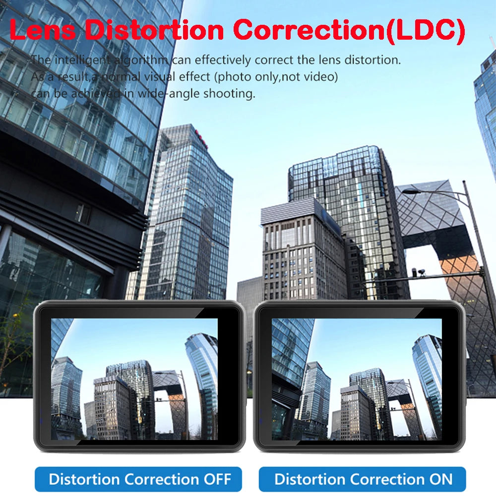 Advertisement for lens distortion correction with cityscape view on screens.