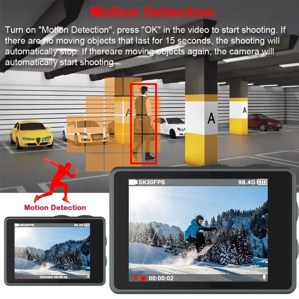 RoamCami Action Camera with motion detection feature displayed in a parking garage setting.