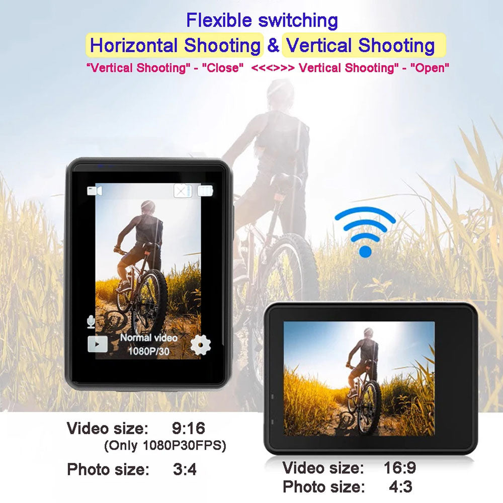 Two RoamCami Action Camera showing flexible switching between horizontal and vertical shooting modes with a person on a bike in the background.