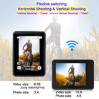 Two RoamCami Action Camera showing flexible switching between horizontal and vertical shooting modes with a person on a bike in the background.