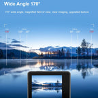 RoamCami Action Camera displaying a wide-angle view of a scenic lake with mountains and trees.