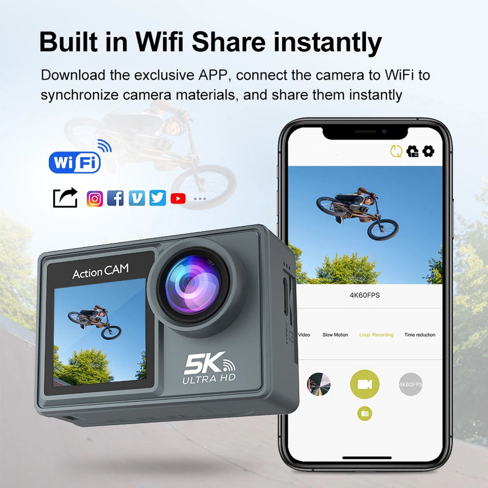 RoamCami Action Camera with smartphone displaying app interface on a light gray background