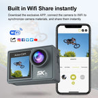 RoamCami Action Camera with smartphone displaying app interface on a light gray background