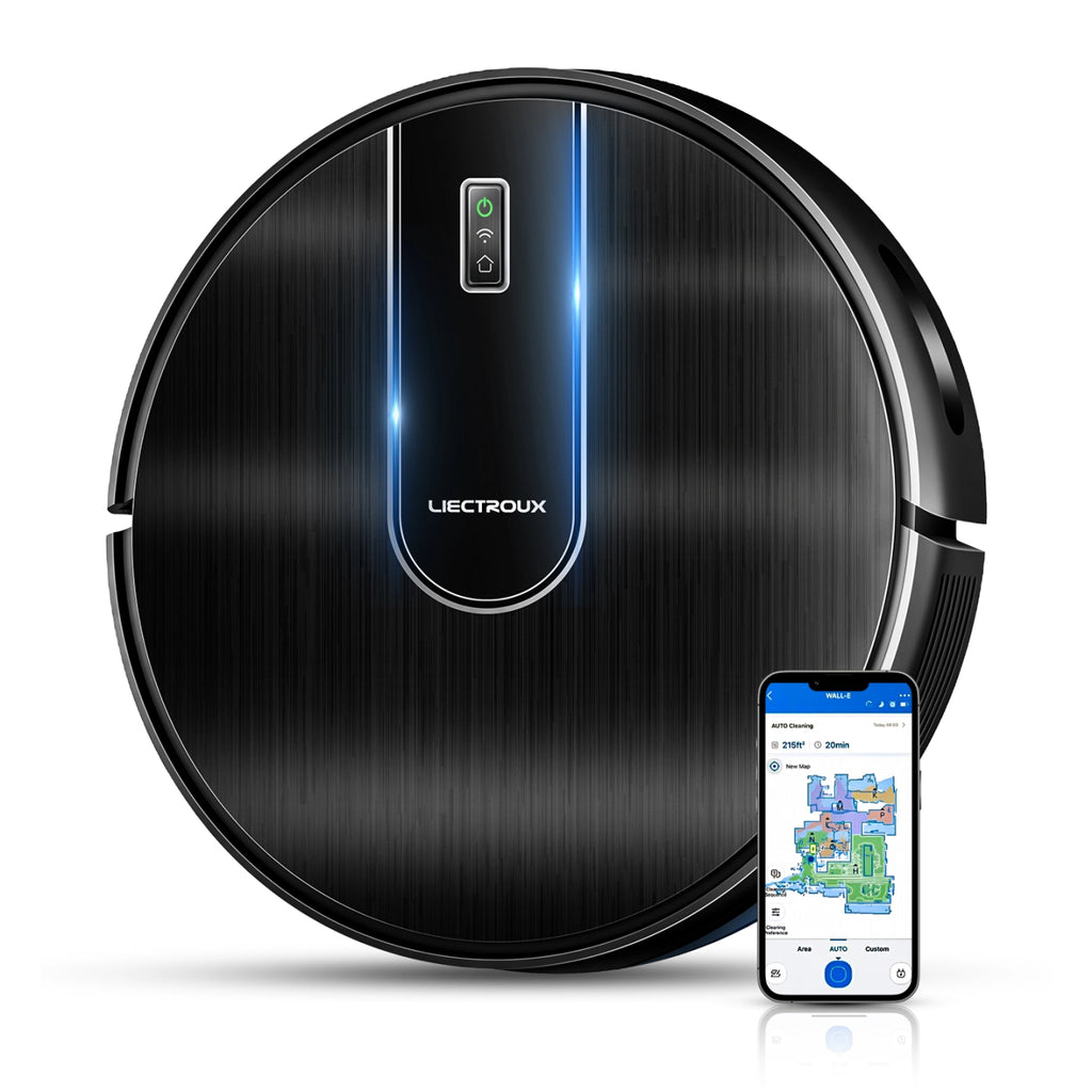 Black Robotus Robot Vacuum cleaner with smartphone app on a white background