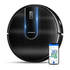 Black Robotus Robot Vacuum cleaner with smartphone app on a white background