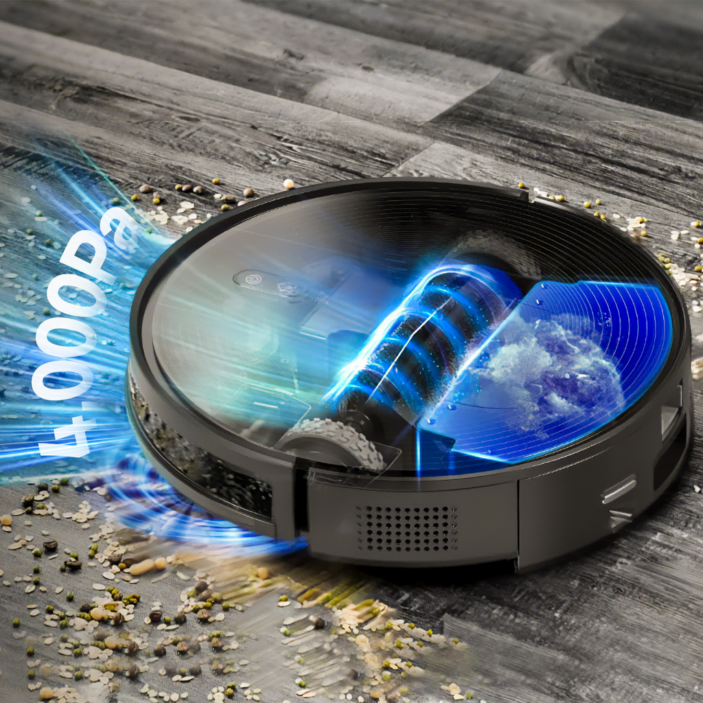Robotus Robot Vacuum on a wooden floor with cleaning action highlighted