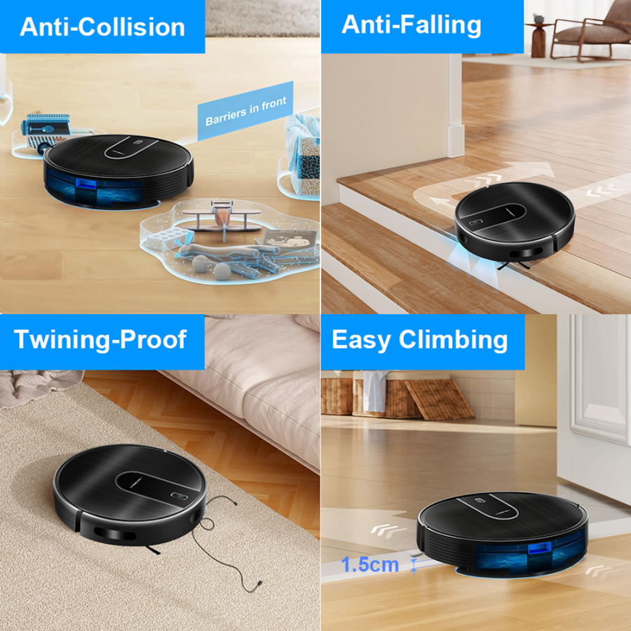 Robotus Robot Vacuum demonstrating features like anti-collision, anti-falling, twining-proof, and easy climbing in various settings.
