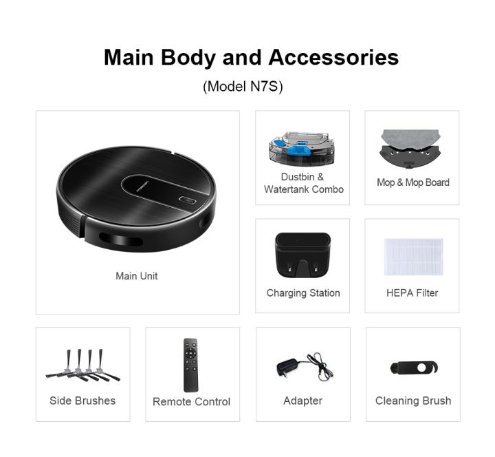 List of Robotus Robot Vacuum components including main unit, dustbin & water tank combo, mop & board, charging station, HEPA filter, side brushes, remote control, adapter, and cleaning brush.