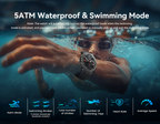 Person swimming underwater with a watch, highlighting 5ATM waterproof and swimming mode features.