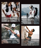 Collage of people engaging in ultra-running, snow sports, mountaineering, and climbing with text describing each activity.