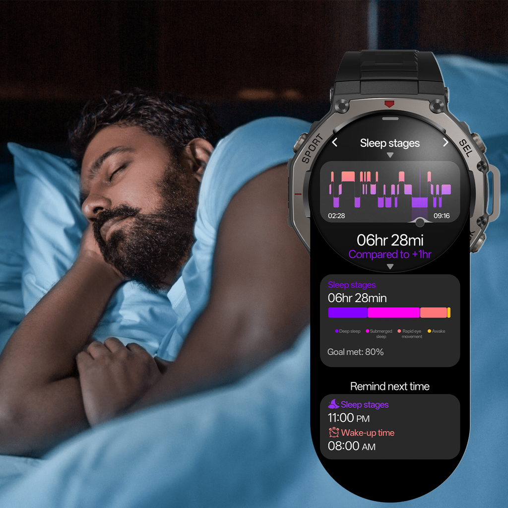 Person sleeping with a Sekoda GPS Sports Smartwatch displaying sleep stages on a blue pillow